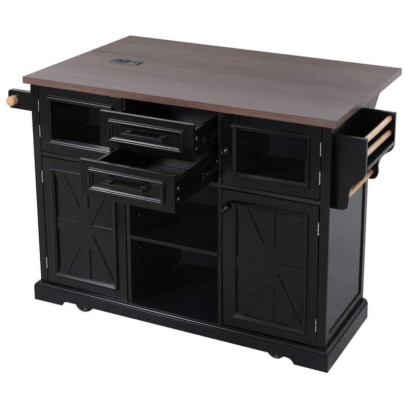 Kitchen Island with Drop Leaf, Power Outlet and 4 Door Shelves