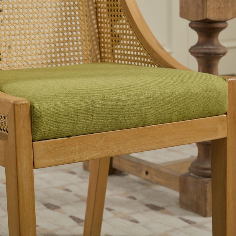 Rustic Rattan Dining Chairs with Solid Wood Frame ,Decorative Armrests and Linen Upholstered Seat