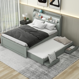 Full XL Gray Wood Storage Platform Bedframe with LED Headboard, Twin Size Trundle & Charging Station, No Spring Box Needed