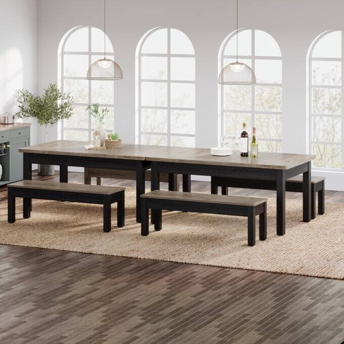 Wood Dining Table Set, 55-Inch Kitchen Table with 2 Benches for 4-6