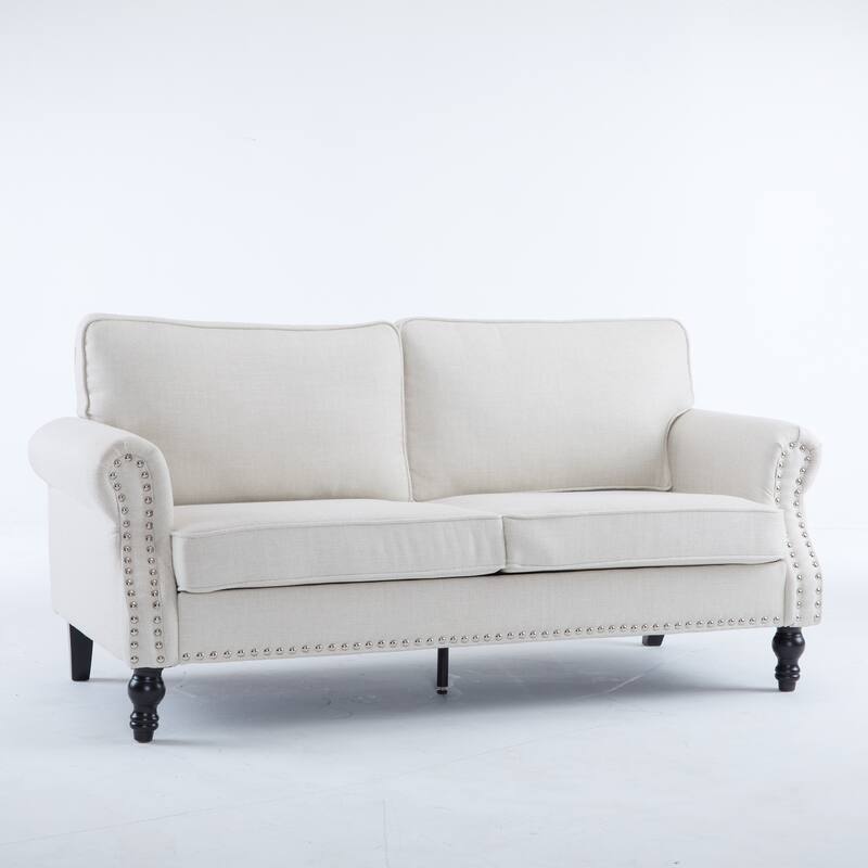 Faux Leather Upholstered Sofa, Deep Seat Sofa with Rolled Arms & Nailhead Trim, 2 Seater Sofa with Wooden Legs