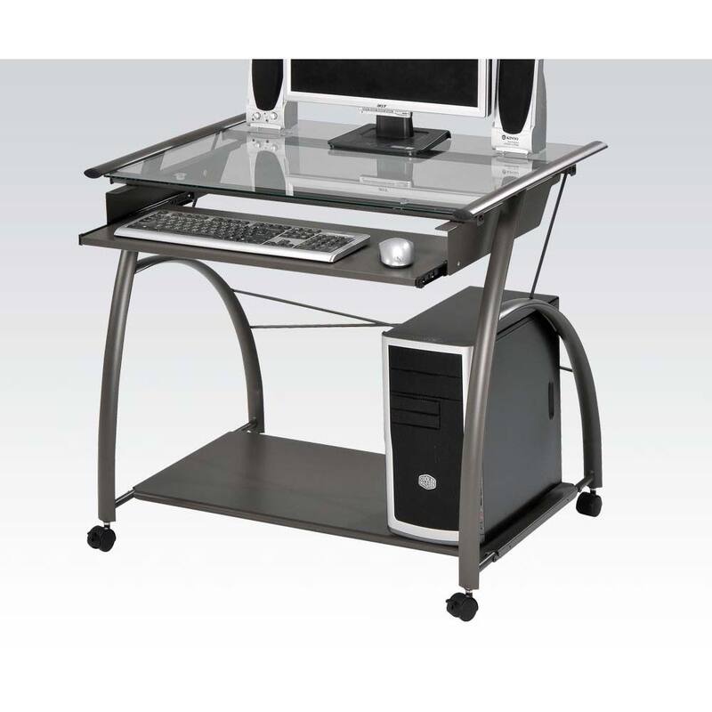 Pewter Computer Desk Compact Workstation, PullOut Keyboard Tray, Clear Glass Top Bed Bath