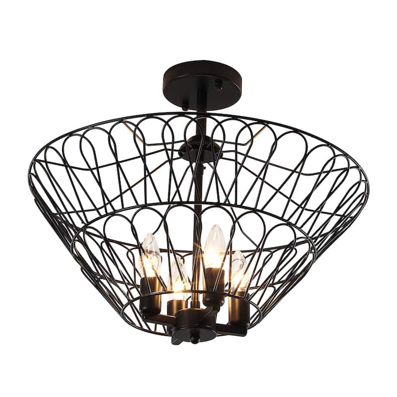 Matte Black 4-Light Metal Open Cage Semi-Flush Mount - Matte Black