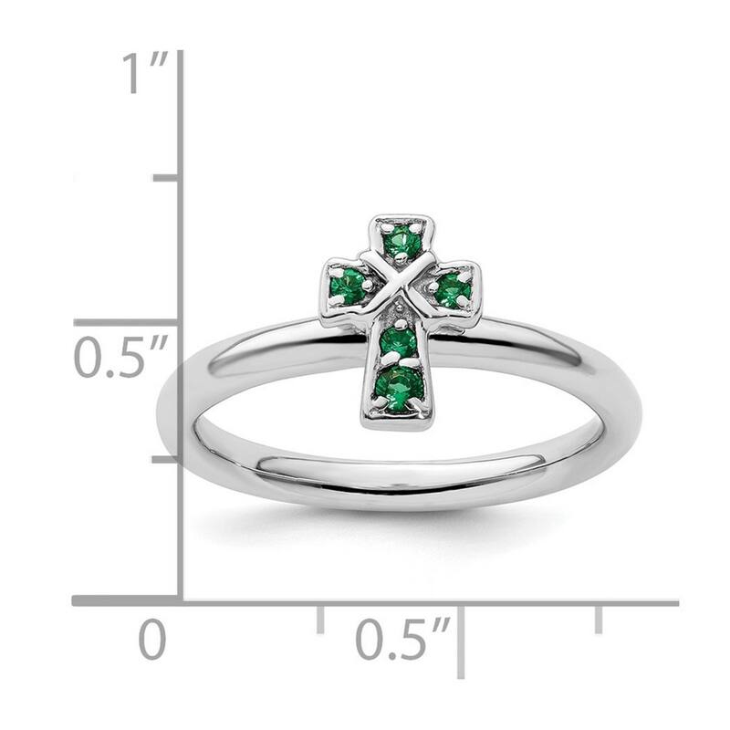 Curata 2.25mm 925 Sterling Silver Stackable Expressions Rhodium Created Emerald Religious Faith Cross Ring