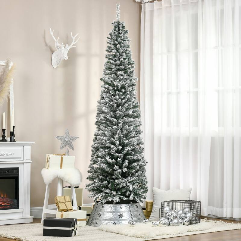 7.5FT Tall Unlit Snow-Flocked Slim Artificial Christmas Tree with Realistic Branches and 738 Tips