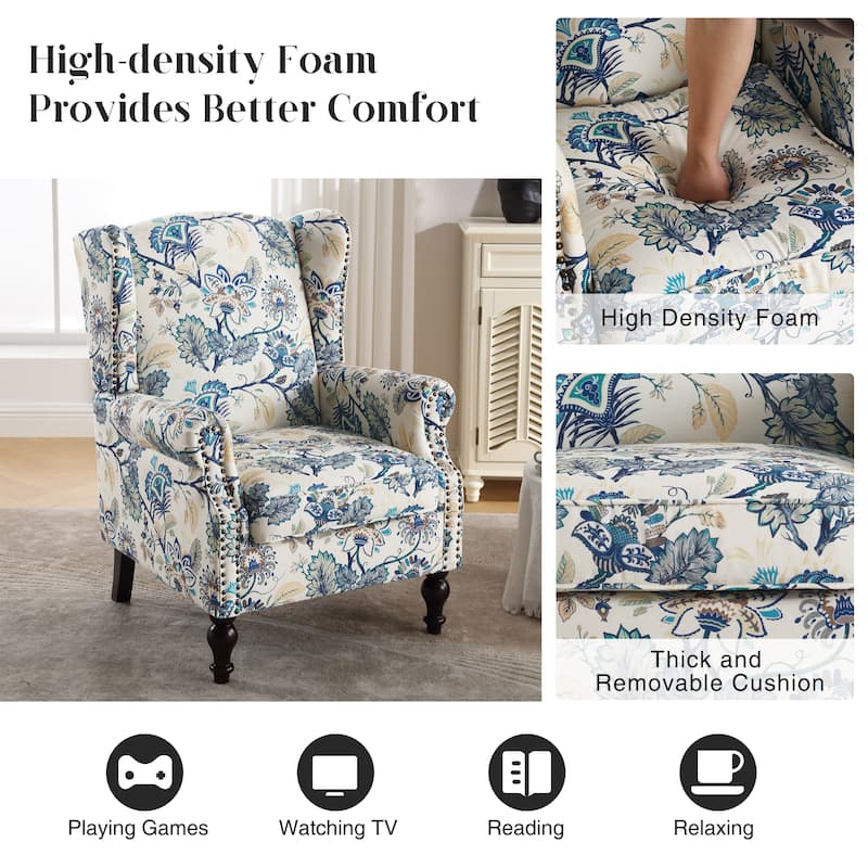 HOMYKA 29'' Wide Floral Pattern Wingback Accent Armchair with Nailhead Trim
