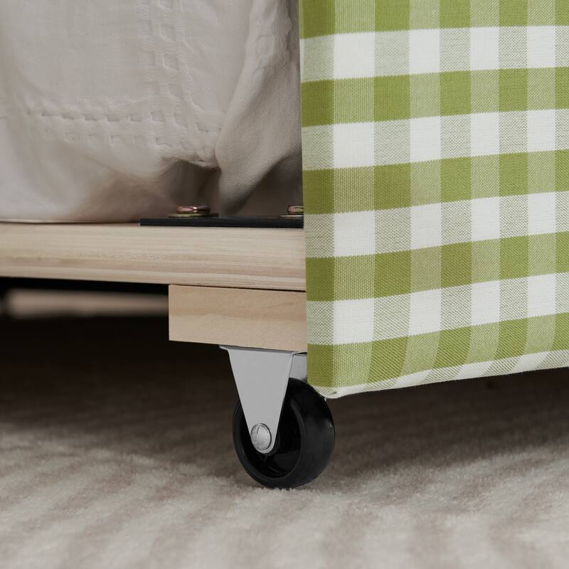 Linen Fabric Gingham Daybed with Trundle, Twin Size Sofa Bed with USB Port and Adorable Wave Shaped Headboard