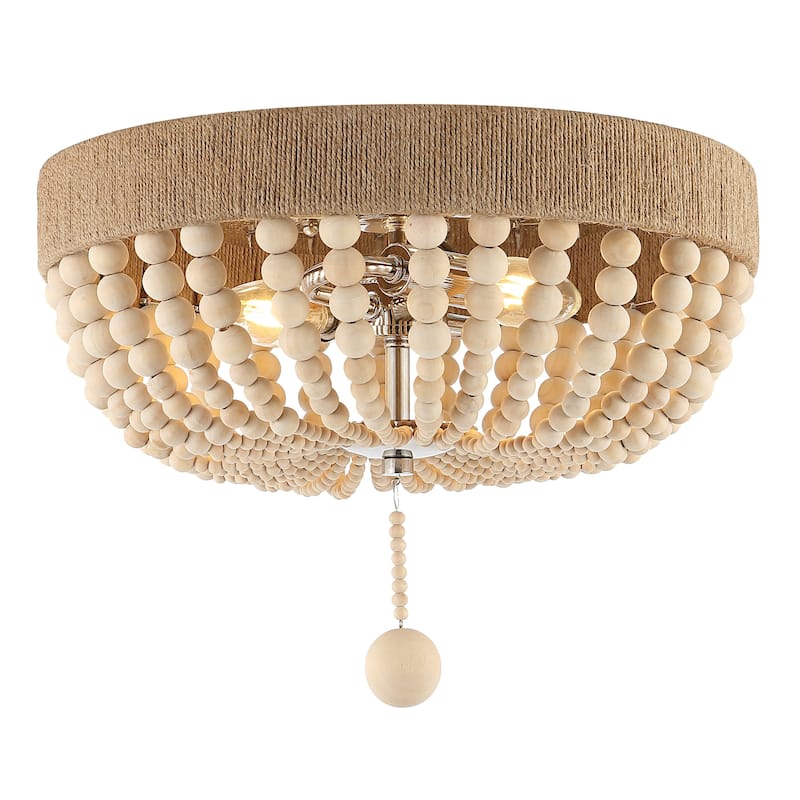 Norris Wood Bead 14" 2-Light Farmhouse Bohemian Iron LED Flush Mount, Light Taupe/Chrome by JONATHAN Y - Light Taupe