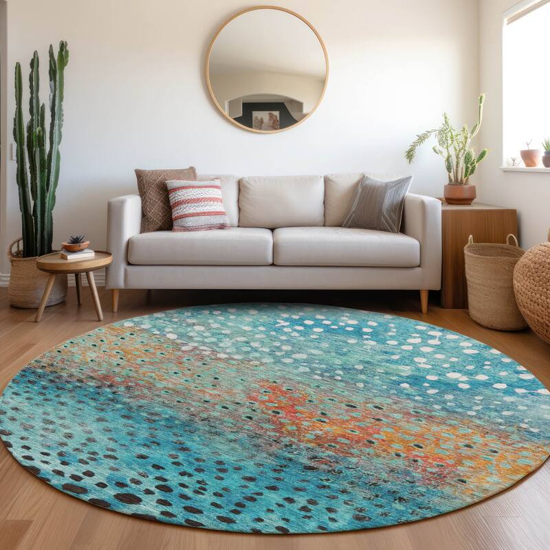 Machine Washable Indoor/ Outdoor Abstract Modern Chantille Rug - Blue - 8' x 8'