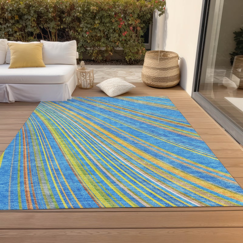 Machine Washable Indoor/ Outdoor Stripe Wave Chantille Rug - Denim - 10' x 14'