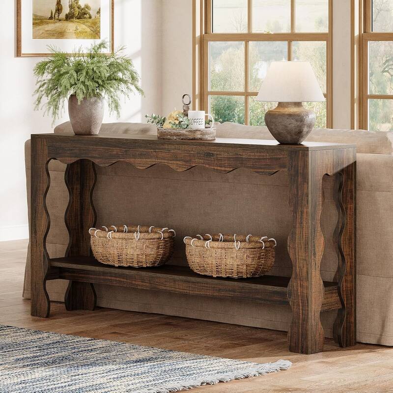 63 Inch Console/Entryway Table, Modern Rustic Entry Table with Scalloped Edge & Storage Shelf