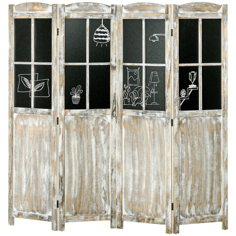 Folding Indoor Portable Wood Privacy Screen with Black Boards - Natural