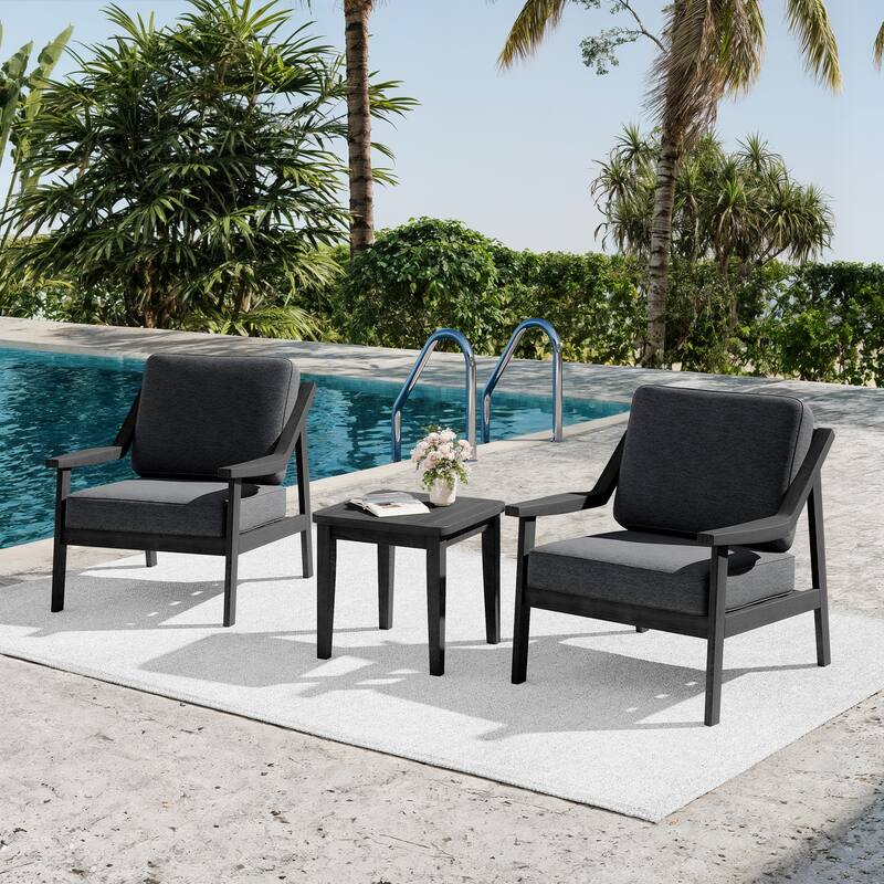 3-piece Teak Modern Cushioned Club Chairs Set Patio Bistro Set - BlackFrame-Dark Grey