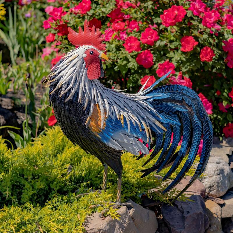 28" Tall Painted Iron Rooster Decoration "Brooks" - Multi - Iron - Medium