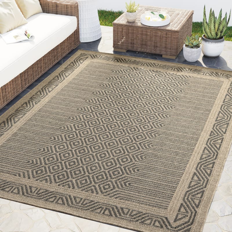 Abani Rugs Patio PAT140A Outdoor Grey Beige Geometric Tribal Area Rug - 3'10" x 6'