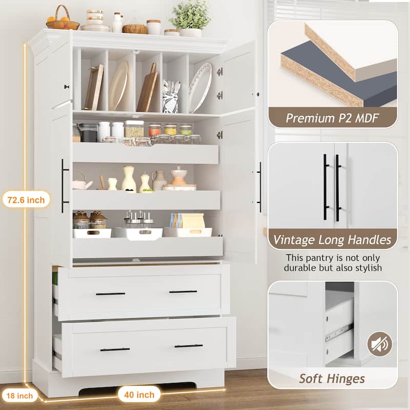 Farmhouse 72.6" Tall Kitchen Pantry with 4 Doors Storage Cabinet , 2 Drawers and Pull-out Trays for Cake Pan Storage Organizer