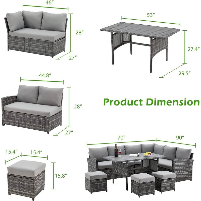 AECOJOY 7-Piece Outdoor Patio Wicker Sectional Sofa with Dining Table