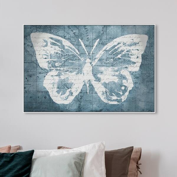 Oliver Gal Traveling Blue Butterfly Animals Wall Art Framed Canvas Print Insects Blue White Overstock 31794566 See more ideas about butterfly wall art, butterfly wall, butterfly. overstock com