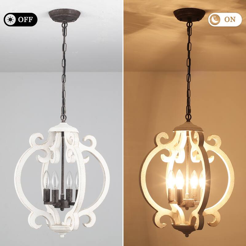 4-Light 15.74-inch Farmhouse Wooden Lantern Chandeliers for Entryway
