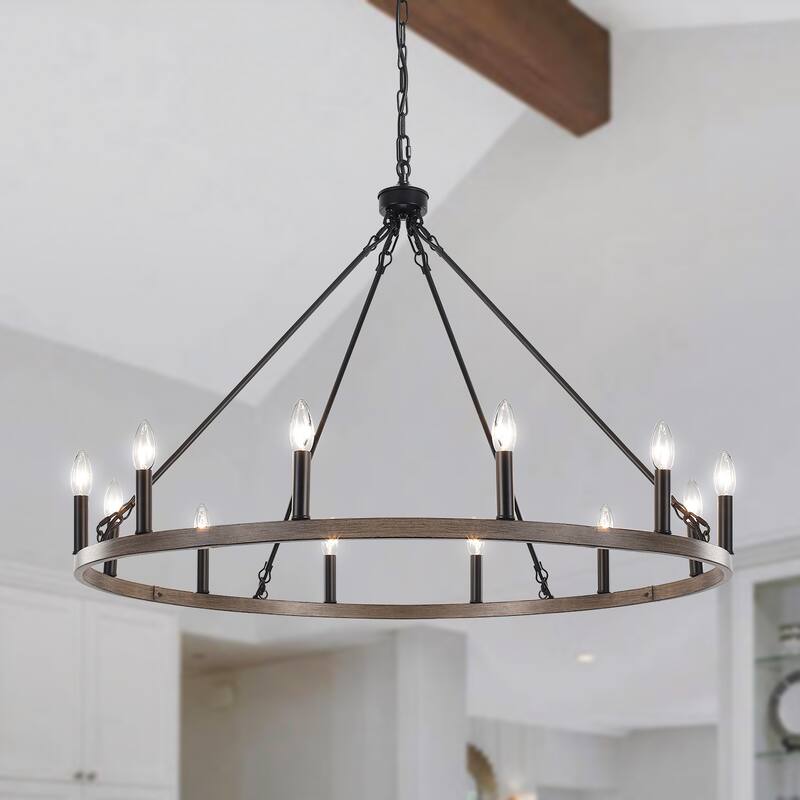 12-Light 37.99 in. Rustic Wagon Wheel Chandelier for Bedroom Kitchen