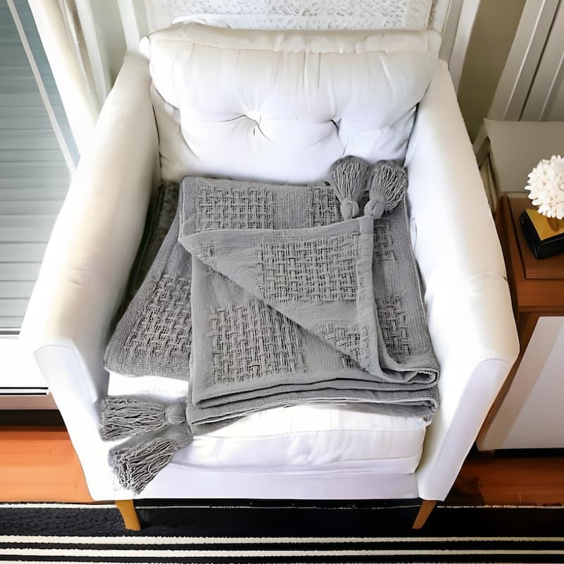 HomeRoots 50" X 60" Gray Woven Cotton Throw Blanket with Tassels - Throw