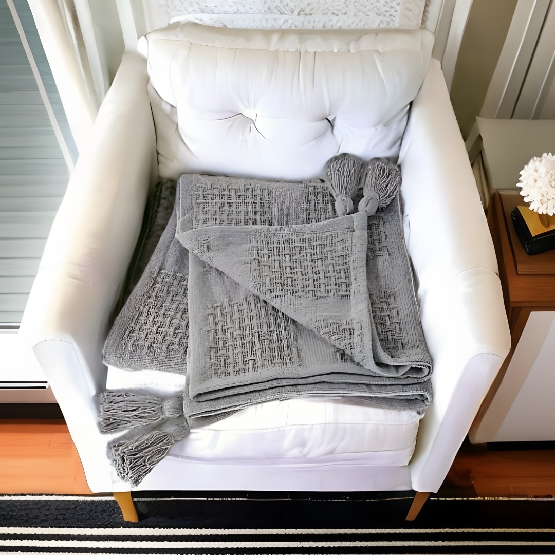 HomeRoots 50" X 60" Gray Woven Cotton Throw Blanket with Tassels