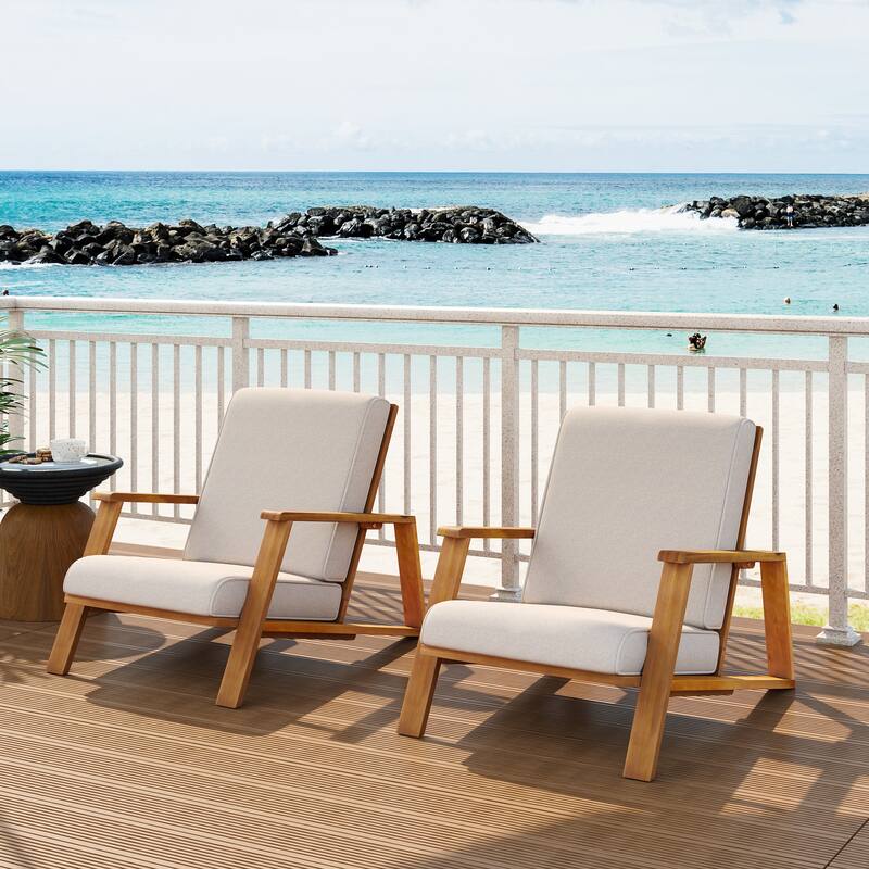Roomfitters Outdoor Patio Lounge Chair, Acacia Wood Frame with Beige Cushions, Modern Club Chair for Garden Deck - Teak+ Beige; Set of 2