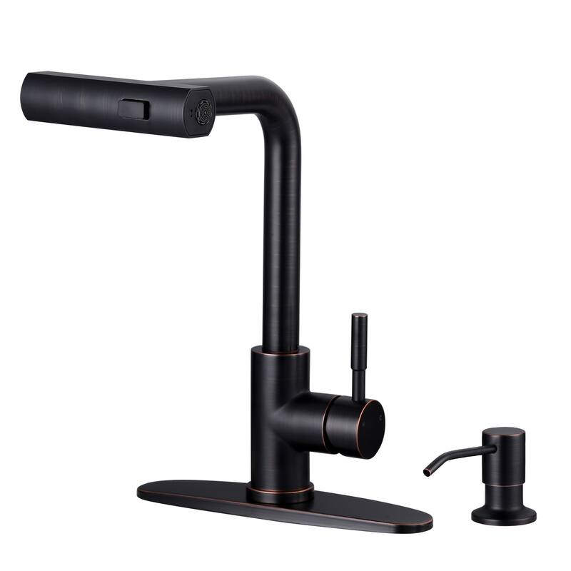 WOWOW Single Handle Waterfall Pull Down Sprayer Kitchen Faucet - With Soap Dispenser - Oil Rubbed Bronze
