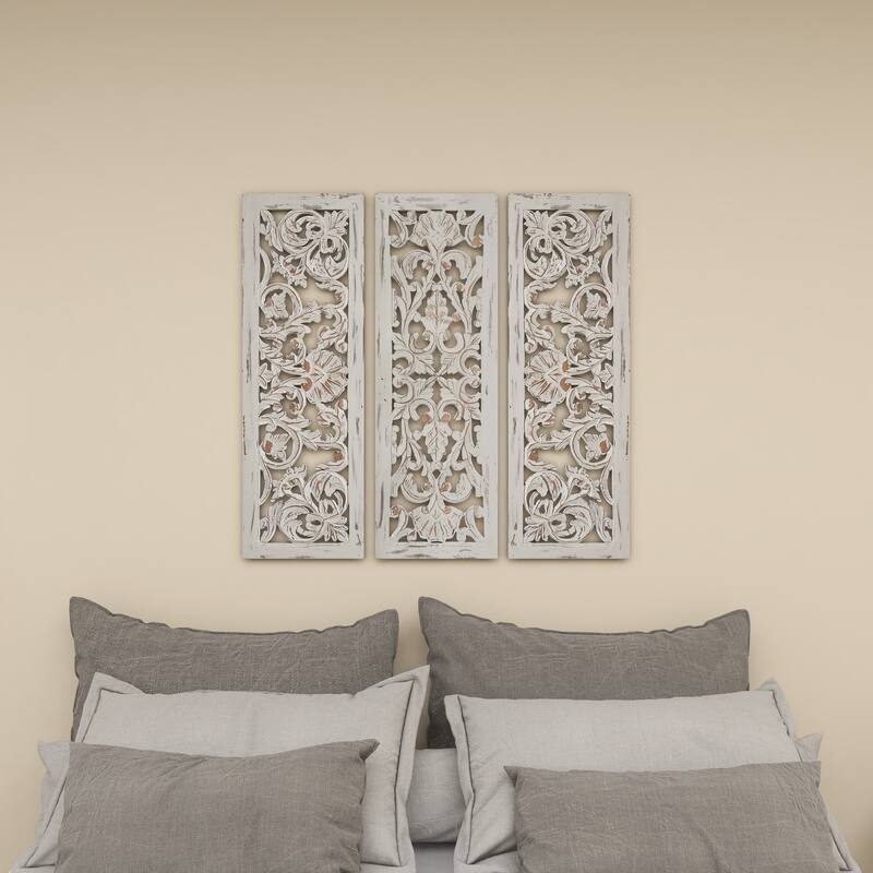 White Wooden Handmade Intricately Carved Floral Home Wall Decor (Set of 3)