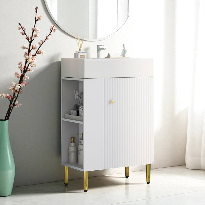 21.6" White Bathroom Vanity with Ceramic Sink Freestanding Cabinet Left Side Storage and Soft Close Door