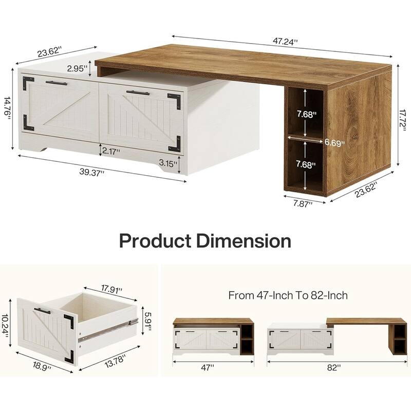 Extendable Large Coffee Table with 2 Storage Drawers and Open Shelves, White & Rustic Brown