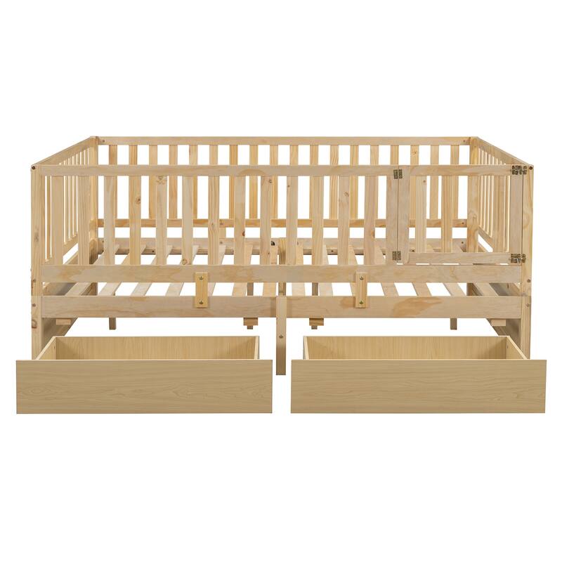 Full Size Wood Daybed with Fence Guardrails and 2 Drawers, Convertible to Floor Bed and Daybed, Natural Finish