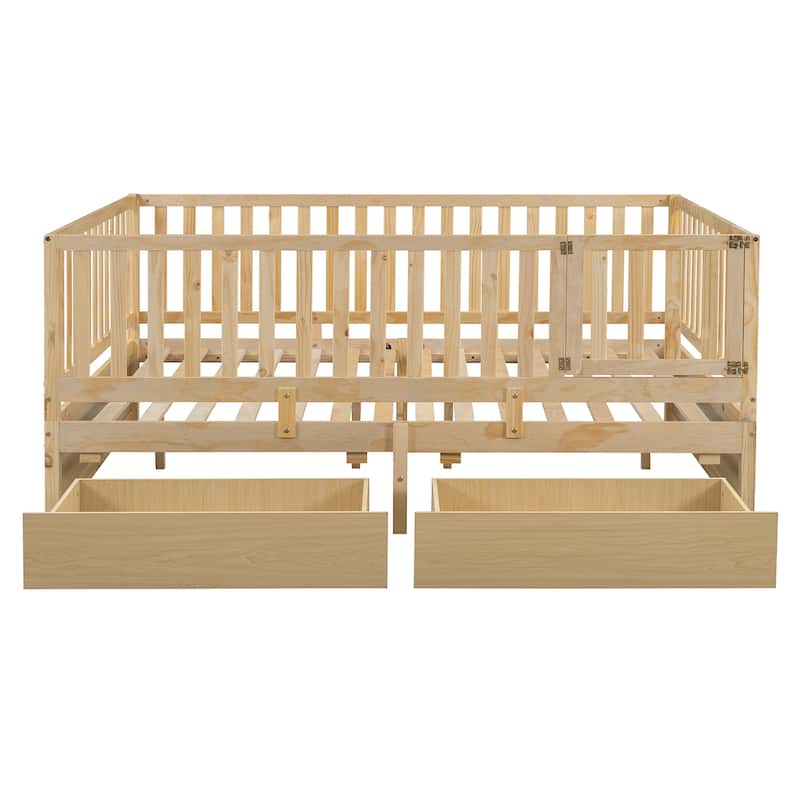 Natural Full Size Solid Wood Daybed with Fence Guardrails and 2 Drawers, Split into Independent for Bedroom