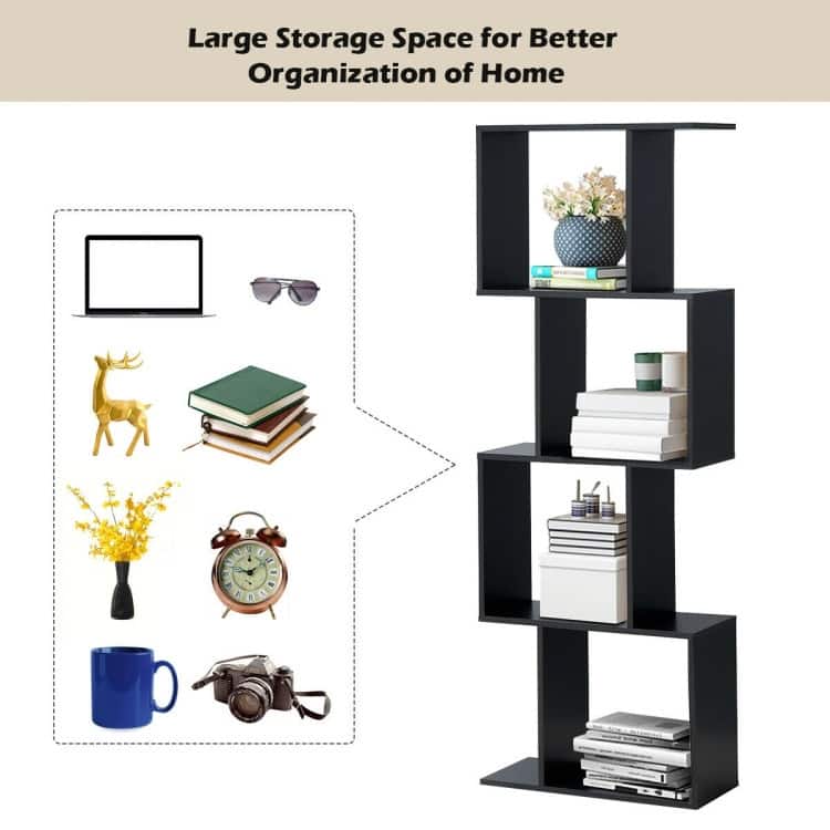 Modern 4-Tier S-Shaped Bookcase with Ample Storage for Small Spaces - 23.5" x 10.5" x 65.5"
