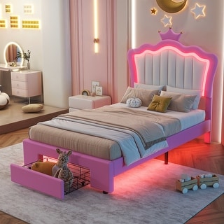 Twin Size Upholstered Platform Bed with LED Lights, Crown Headboard, a Drawer