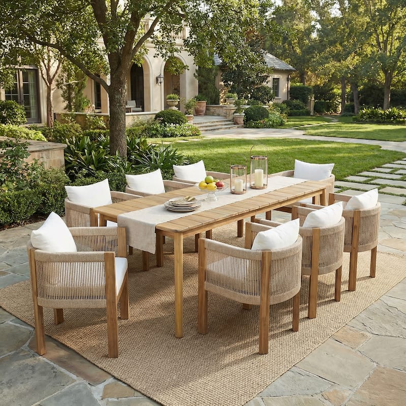 Christopher Knight Home - Aurelia Modern Acacia Wood Outdoor 9-Piece Dining Set with Woven Rope Back Chairs and Cushions - Beige Cushion+Oiled Teak Rope