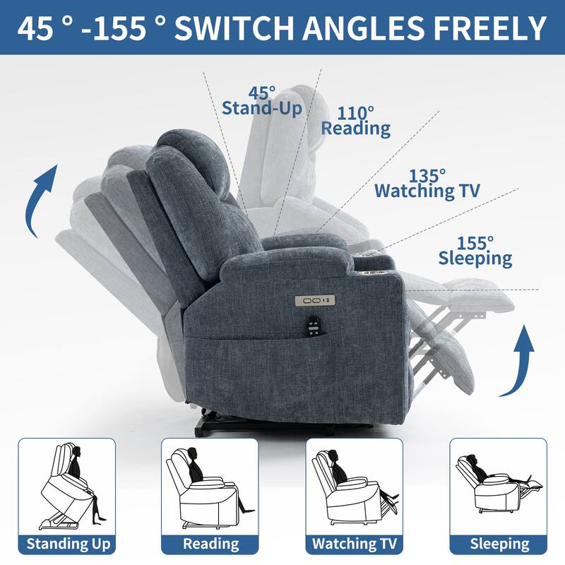 Blue Power Lift Recliner with 8-Point Massage, Heated Lumbar, Dual USB Ports, and Stainless Steel Cup Holders