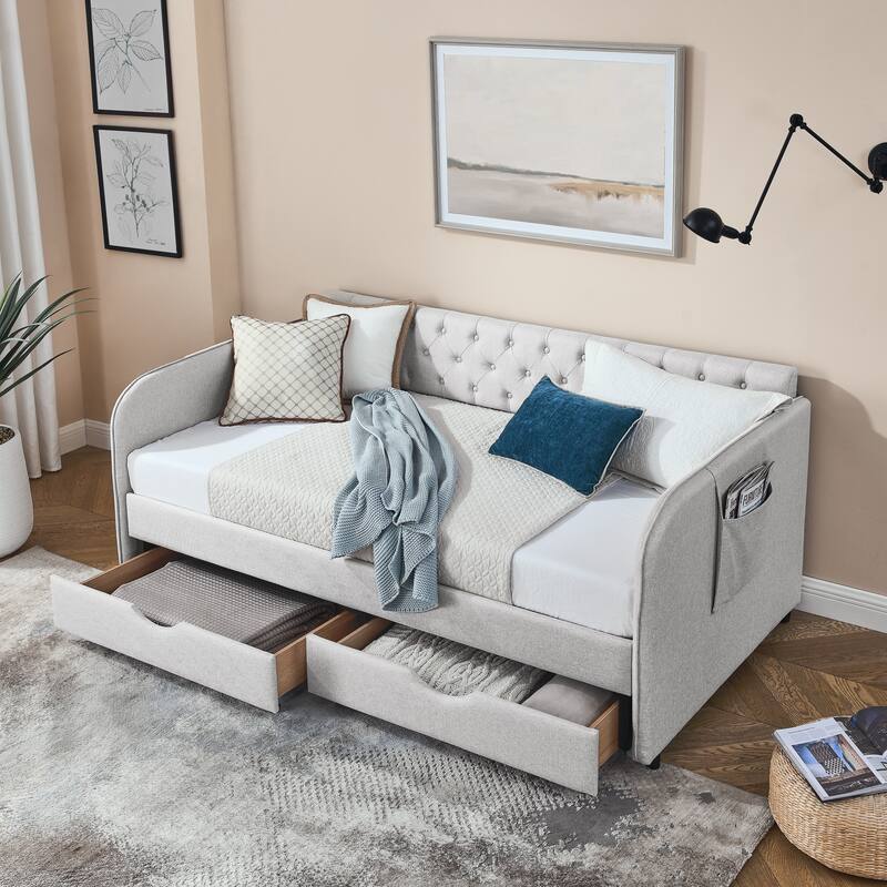 Roomfitters Twin Upholstered Daybed with Trundle, Underbed Storage and Flat Arms with Side Pocket, Extendable Design - Beige - Twin