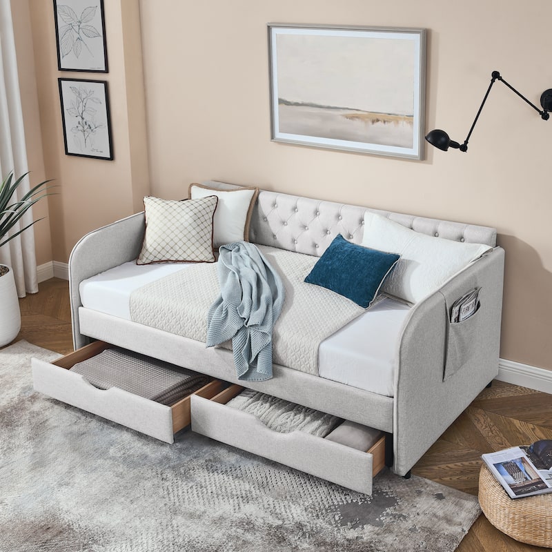 Twin Size Upholstery Daybed with Trundle Bed and Two Storage Drawers