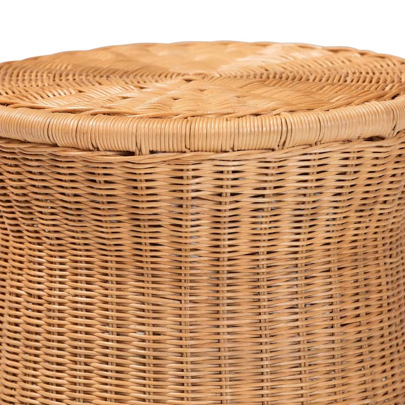 Caroline Round Natural Rattan End Table - Handwoven Wicker Drum Shape Accent Table for Living Room or Sunroom, Light Honey