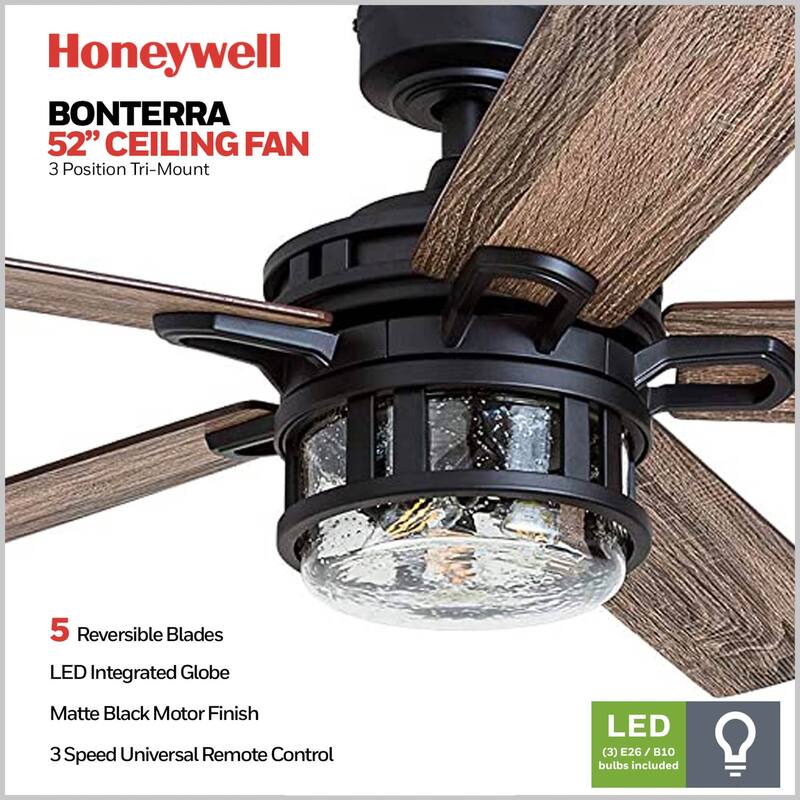 Honeywell Bonterra Rustic Farmhouse Black Ceiling Fan with LED Light & Remote Control - 52-inch