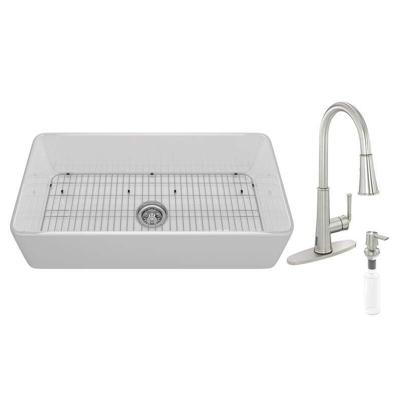 CASAINC All-in-One Kit Farmhouse/Apron-Front Single Bowl Fireclay Kitchen Sink with Kitchen Faucet, Bottom Grid and Strainer