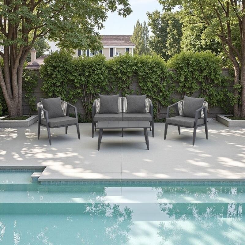 4-Piece Outdoor Patio Seating Set with Iron Frame, Cushioned Double and Single Chairs, and Matching Table - Gray
