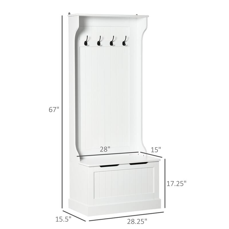 White Hall Tree with Coat Rack and Storage Bench - Versatile Organizer