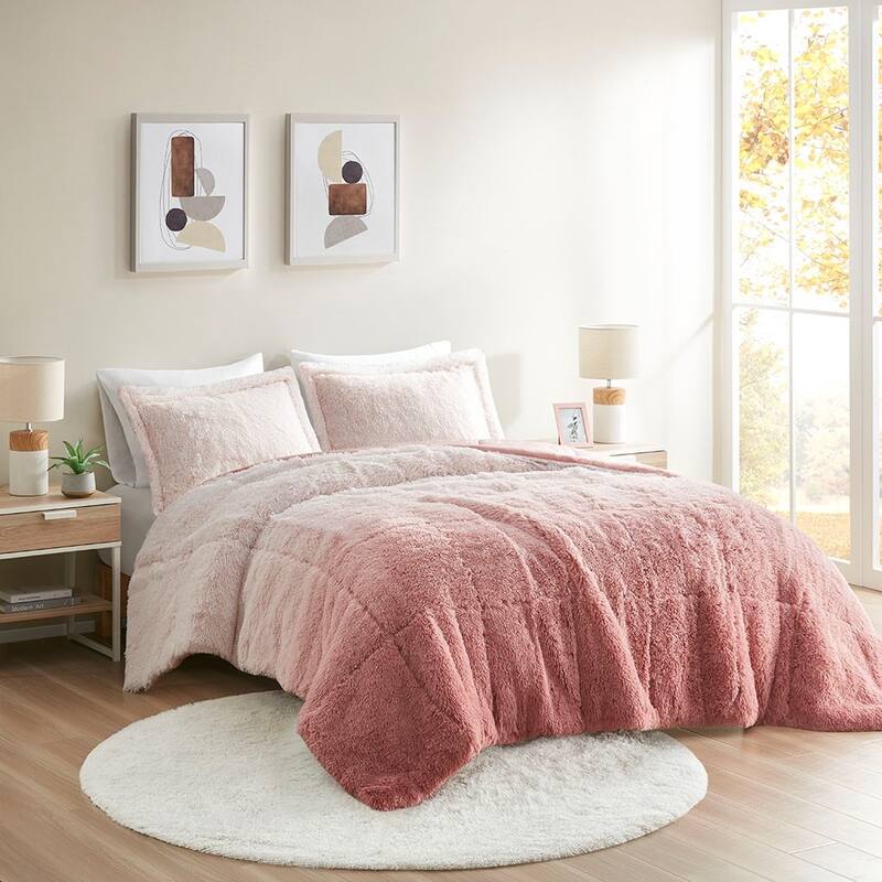 King Cal King Shaggy Long Fur Comforter Mini Set - Blush