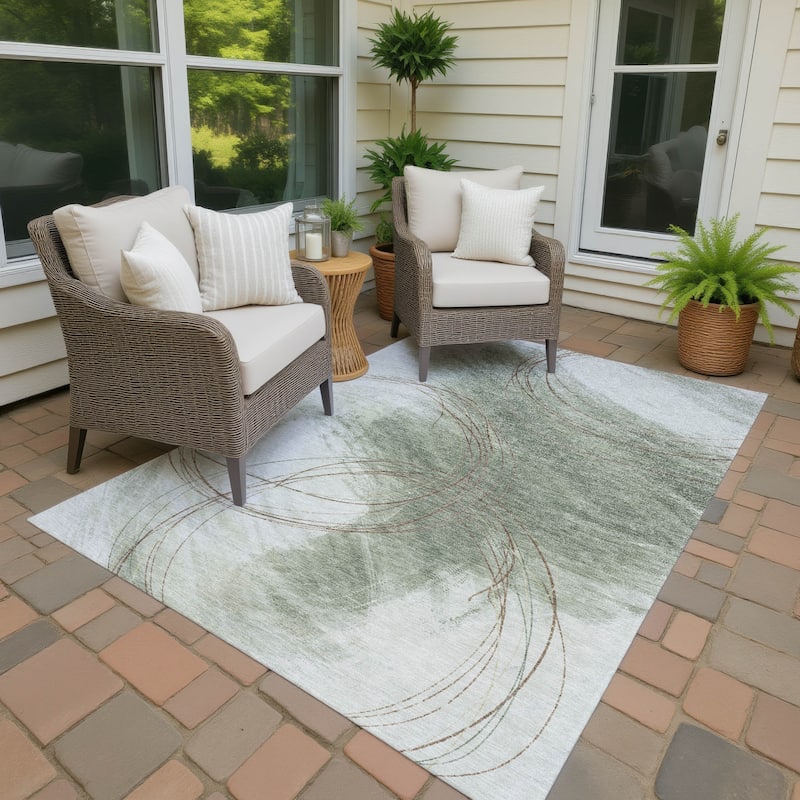 Machine Washable Indoor/ Outdoor Abstract Modern Chantille Rug - Sage - 10' x 14'