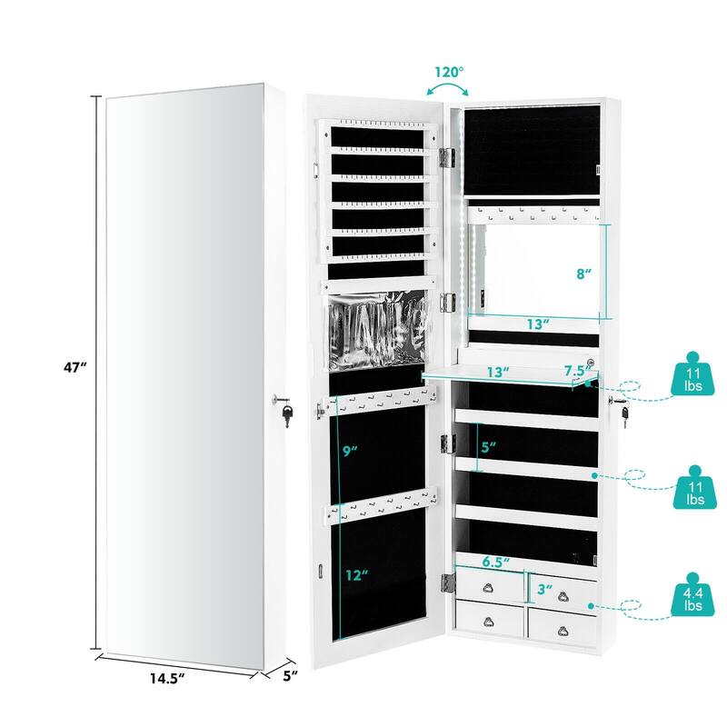 4 Drawers Multipurpose Jewelry Storage Cabinet with LED Light Dropleaf Board and Full-Length Mirror