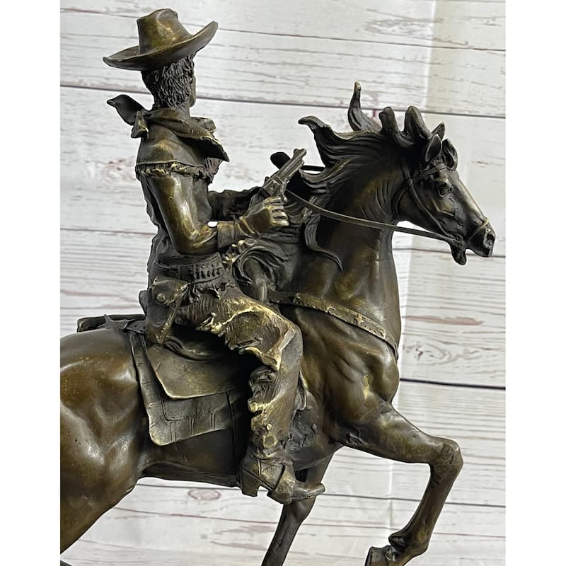 Miniature Bronze Cowboy On Imitative Horseback Statue Sculpture Figure Marble Base 14 Inches X 7 Inches