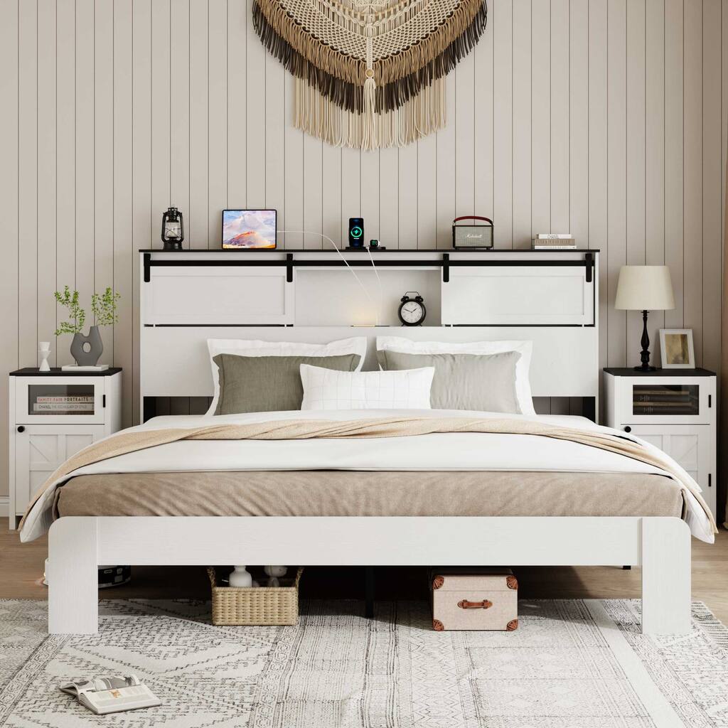 White King Size Metal Bed Frame with Charging Station