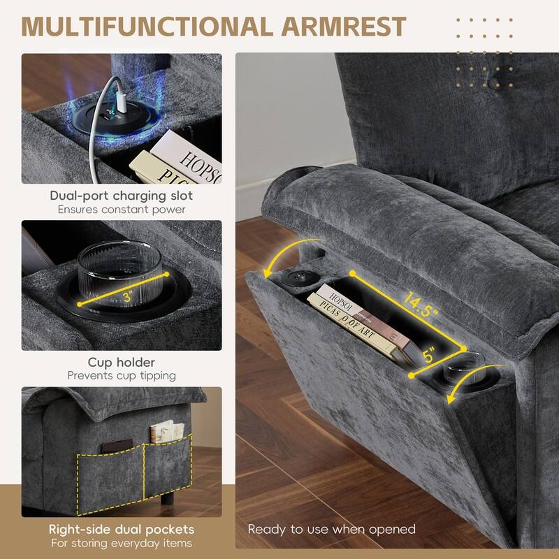 104*60" Sectional Sofa, L-Shape with Multifunctional Armrest, Dual-Port Charging, Cup Holder